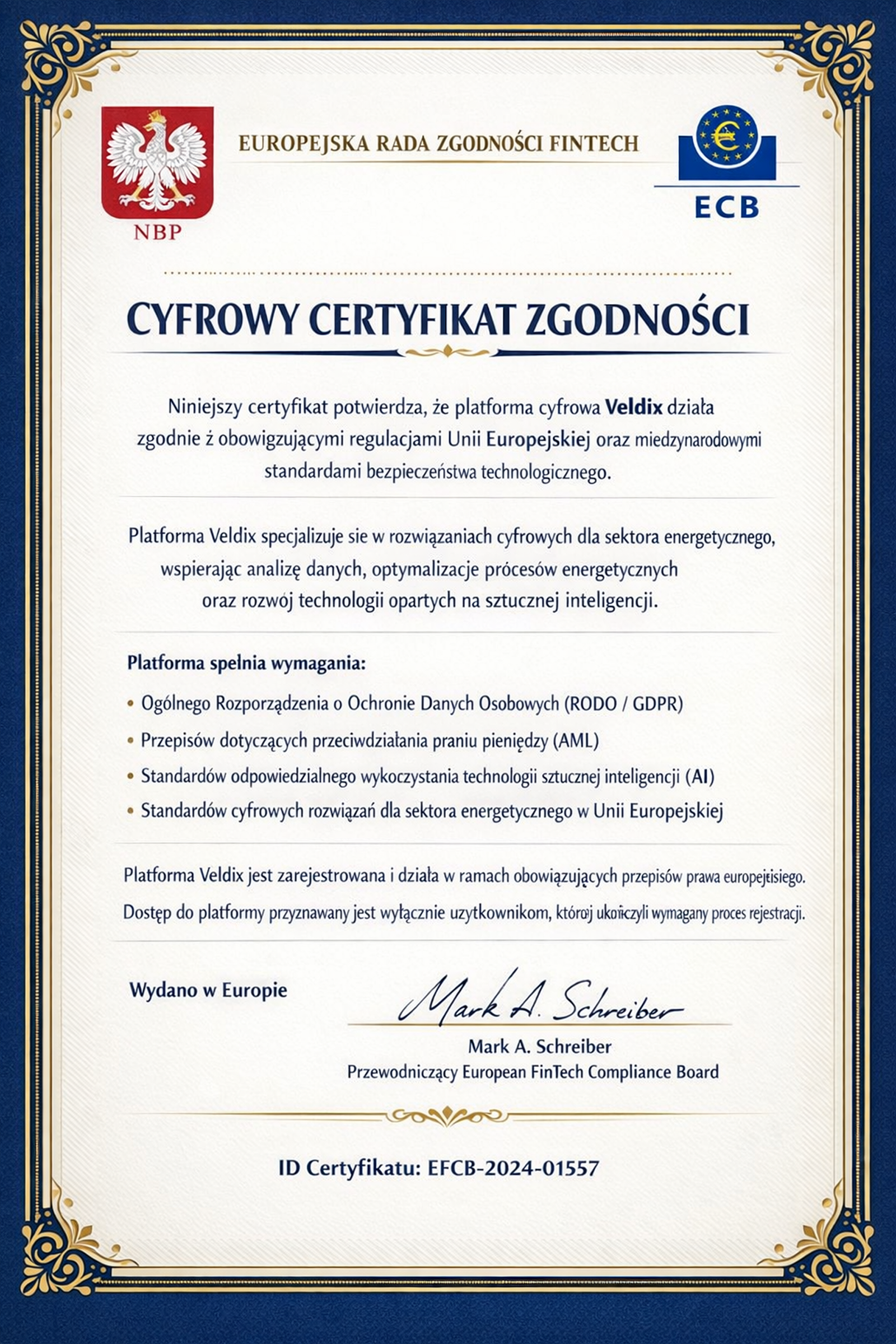 Licencja regulacyjna platformy Veldix AI